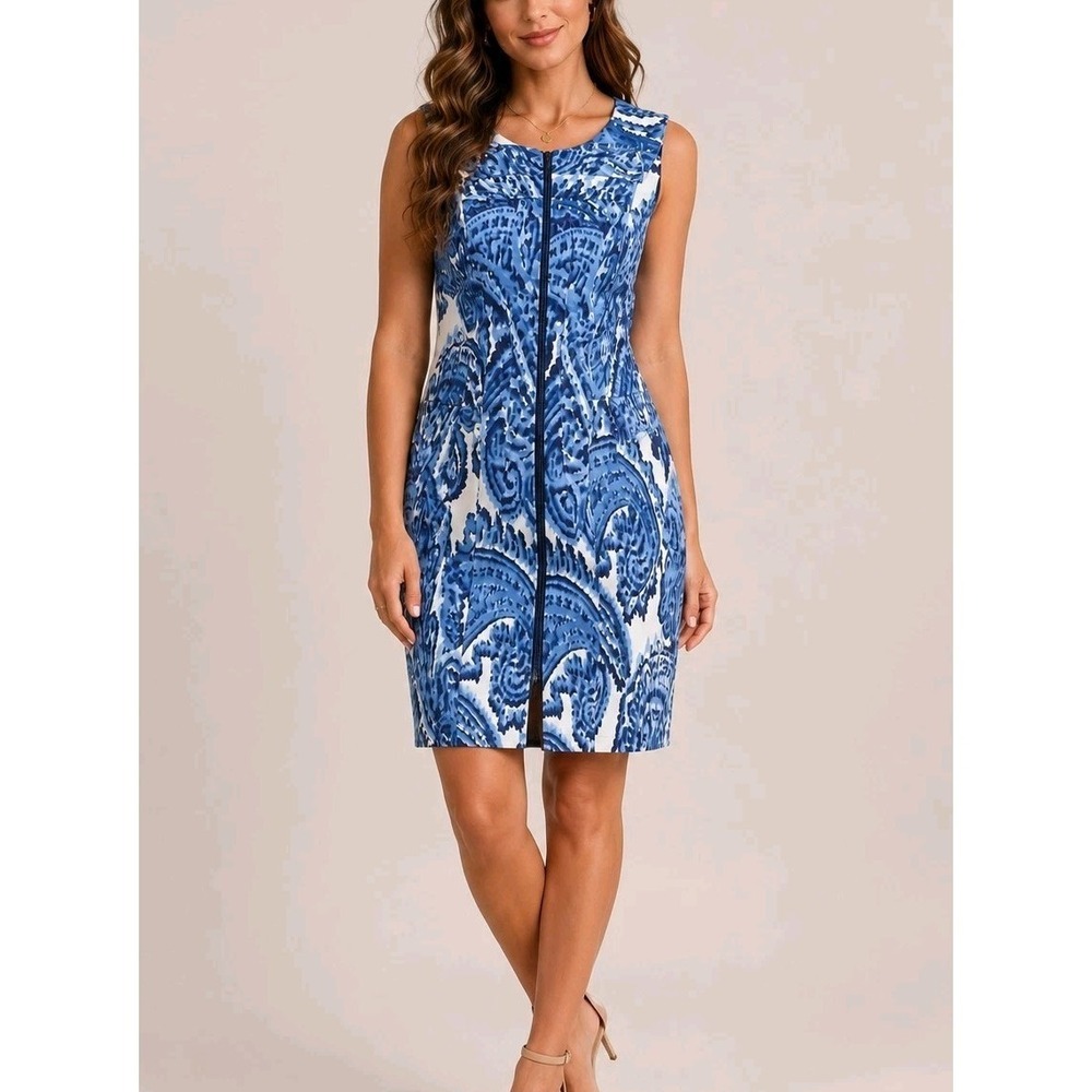 Eva Franco Anthropologie Blue Paisley Sheath Dress 8 Zip Front Sleeveless NWT